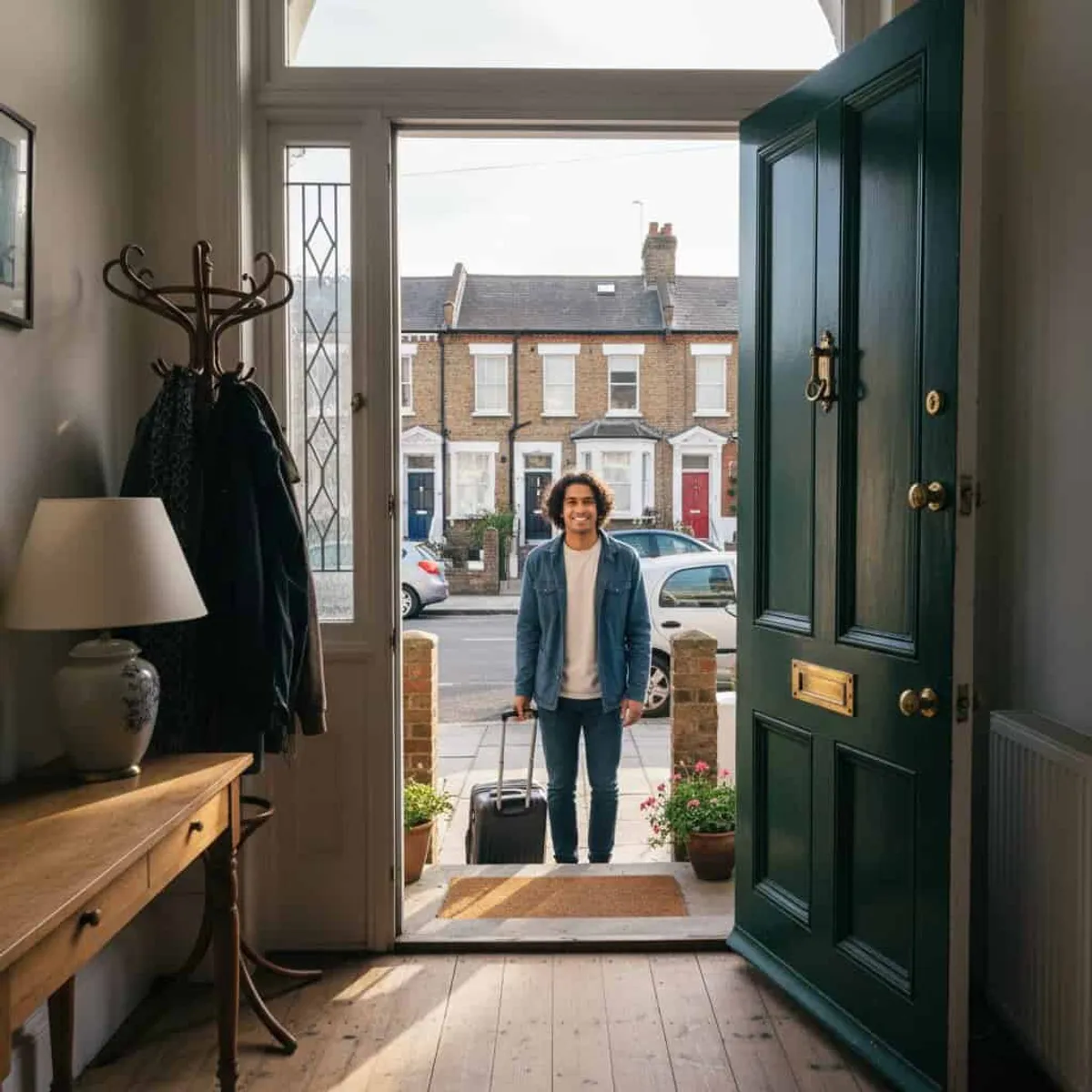 A guest arriving at a UK homestay, seen from inside the front door