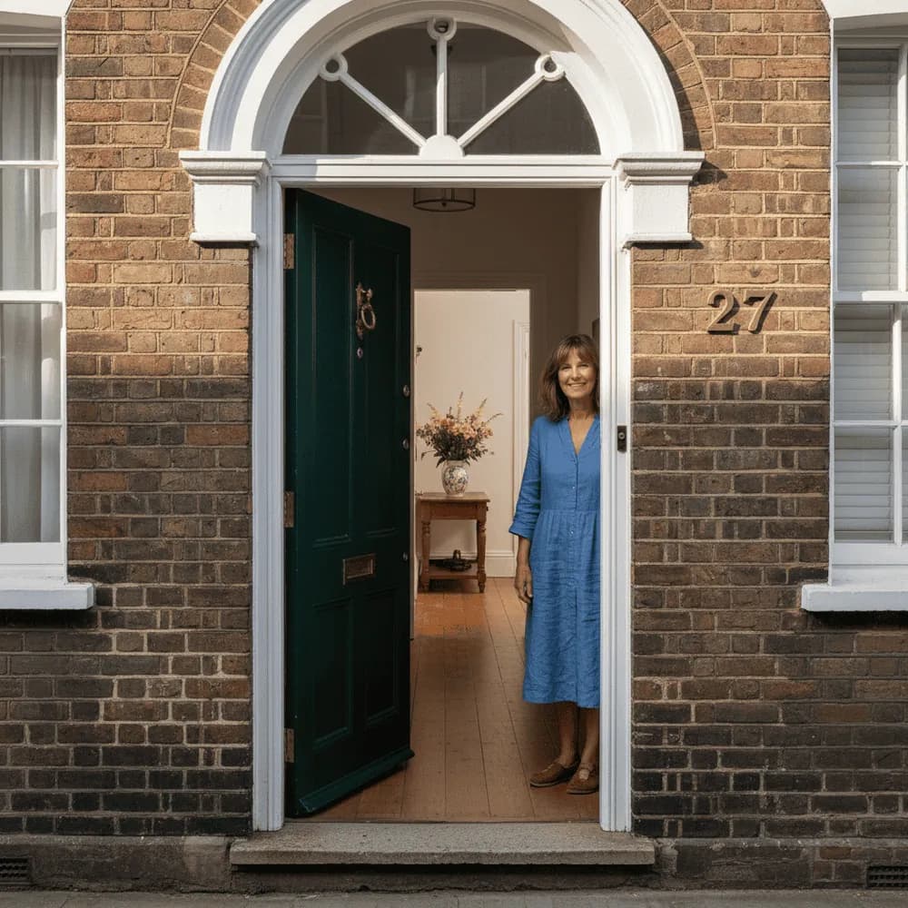 A homestay host welcoming a guest from the front door