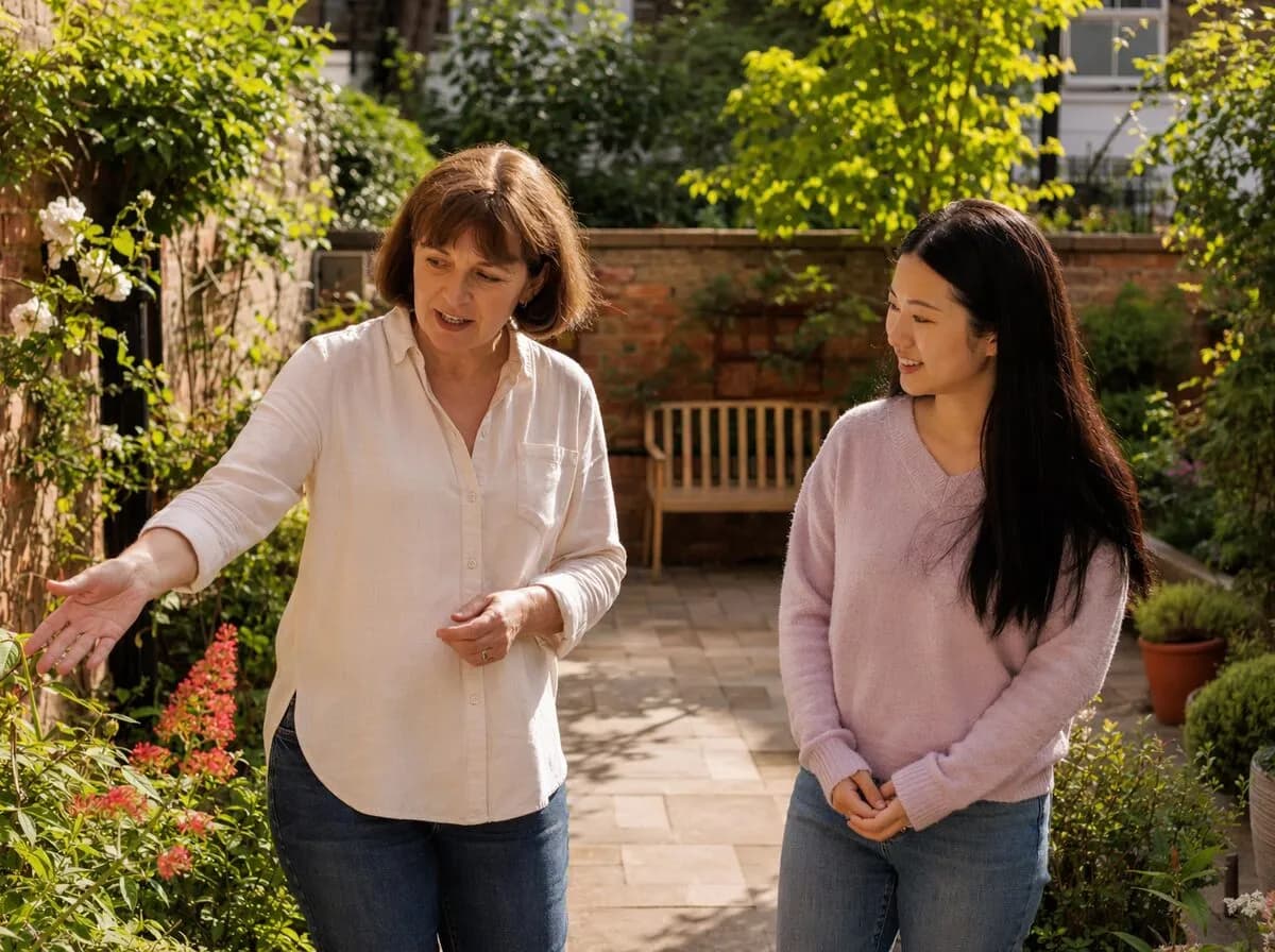 A host showing a guest around the garden of the home