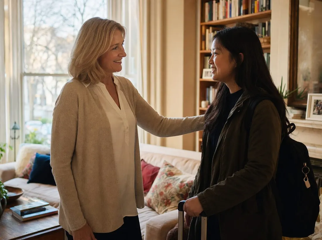 A host warmly greeting a guest in the living room