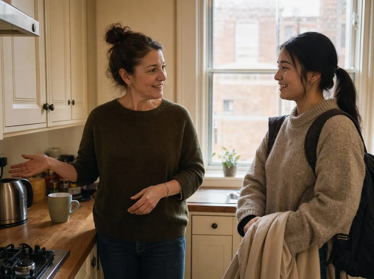 A host and a guest chatting in the kitchen