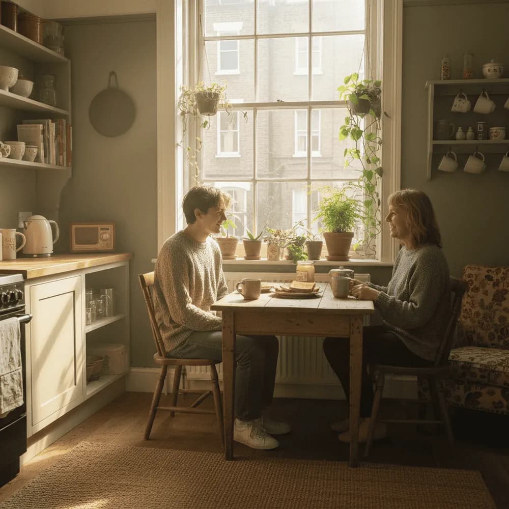 A host and guest talking over breakfast in a homestay kitchen