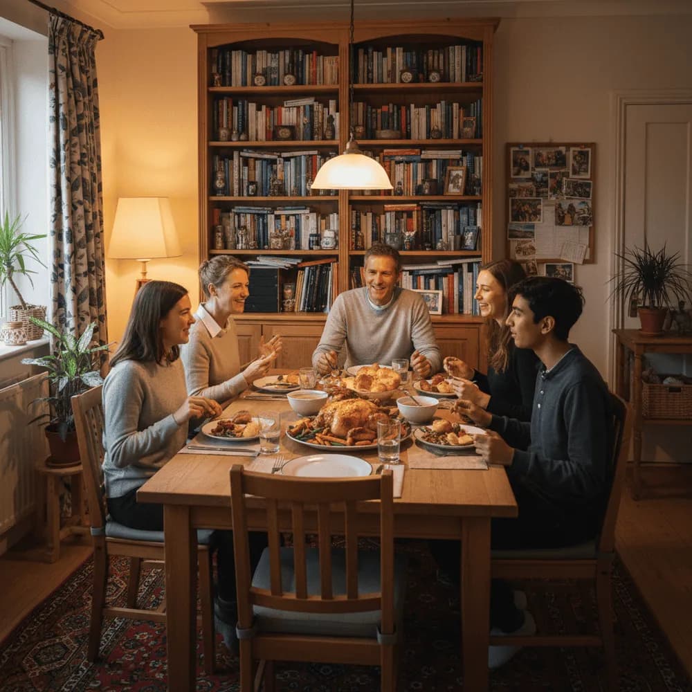 A host and their guests sharing an evening meal at home